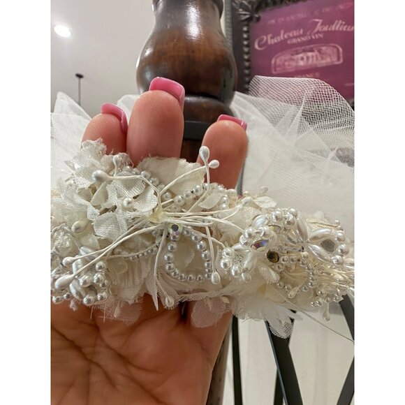 Handmade White Floral Bridal Veil With Pearl Embellishments Lace Crown & Tulle L main image 11